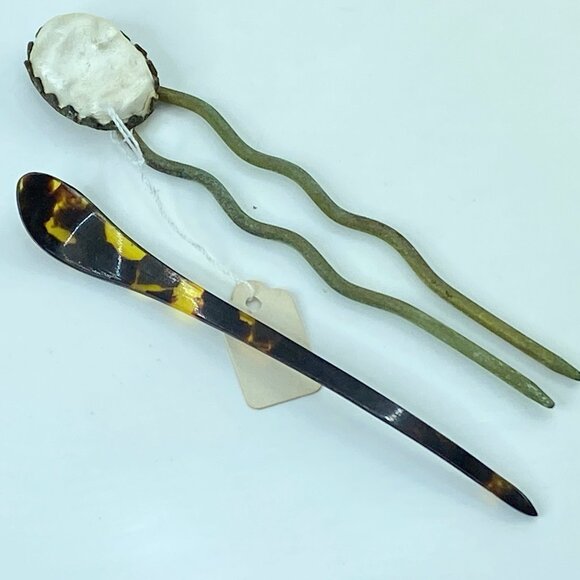 Antique Japanese metal Pearl clay fork and faux tortoise hairpin stick GS623 main image 4